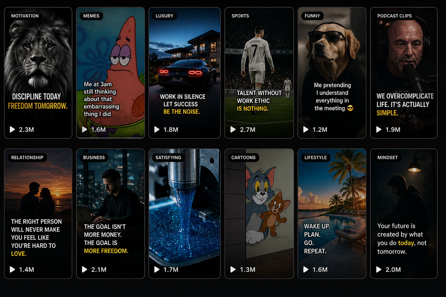 Preview of viral clips across motivation, memes, luxury, sports, funny, podcast, relationship, business, satisfying, cartoons, lifestyle and mindset niches